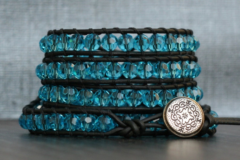 Natural Aquamarine Rectangular Stone Leather Beaded Wrap Bracelet main image 1
