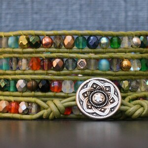 lotus bracelet - mixed rainbow crystal wrap bracelet on light green leather - yoga jewelry - beaded jewelry inspired by India
