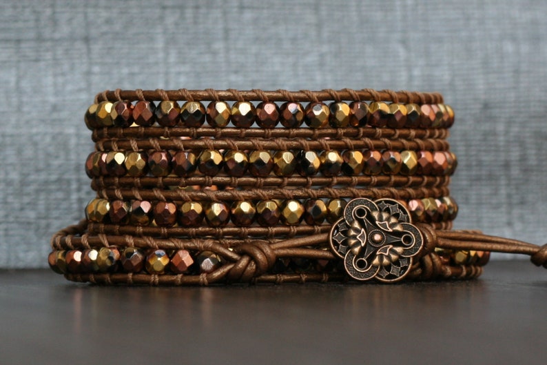 Wrap Bracelet Gold Rush Crystal on Bronze Leather Beaded - Etsy