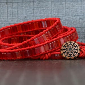 wrap bracelet fire dance tile beads on red leather orange pink gypsy bohemian boho hot colors image 5