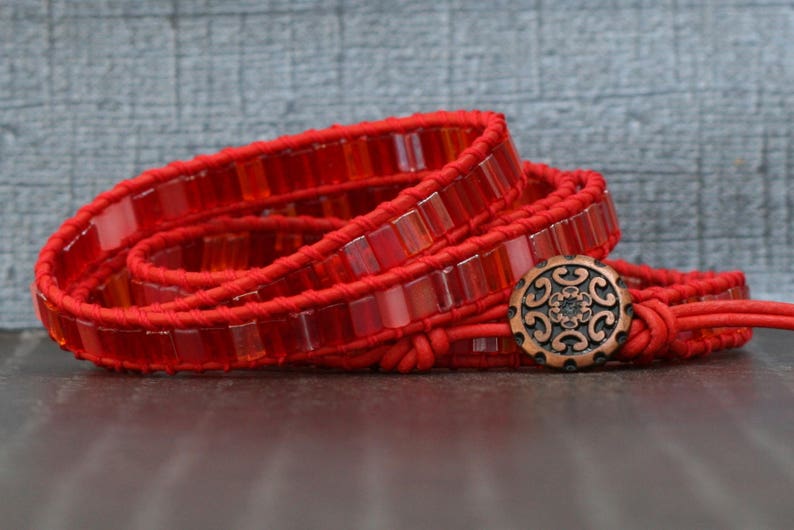 wrap bracelet fire dance tile beads on red leather orange pink gypsy bohemian boho hot colors image 5