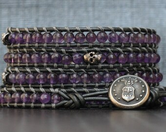 READY TO SHIP skull wrap bracelet- amethyst and gunmetal skulls on pewter leather - boho rocker biker glam jewelry