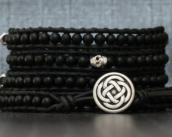 skull jewelry -  wrap bracelet- silver skulls and obsidian on black leather - rocker - mens jewelry - womens jewelry