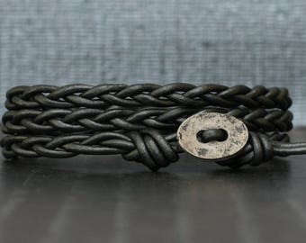pewter leather braided wrap bracelet with distressed silver button - dark gray - bohemian jewelry - casual jewelry - simple jewelry