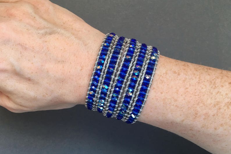 crystal wrap bracelet sapphire blue aurora borealis on silver leather cobalt beaded leather 5 wrap boho gypsy bohemian image 6