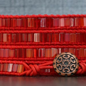 wrap bracelet fire dance tile beads on red leather orange pink gypsy bohemian boho hot colors image 1