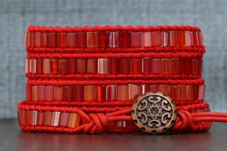 wrap bracelet fire dance tile beads on red leather orange pink gypsy bohemian boho hot colors image 1