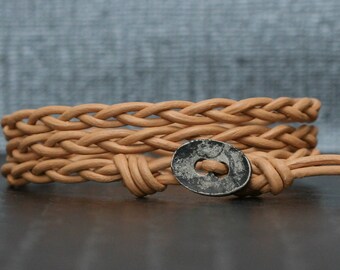 peach leather braided wrap bracelet with distressed silver button - bohemian jewelry - casual jewelry - simple jewelry - tan - natural