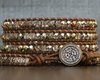 wrap bracelet - chocolate brown leather and clear iridescent crystal