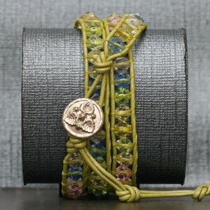 wrap bracelet light spring green leather pastel bicone crystal beads triple wrap 3x image 4