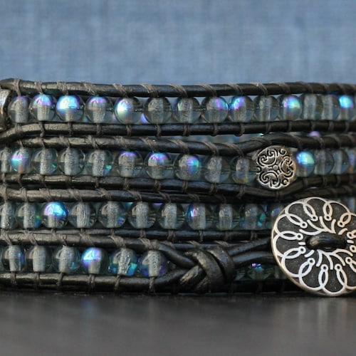 READY TO SHIP wrap bracelet- grey czech glass and silver filigree spacer beads on pewter leather - boho gypsy buy bohemian