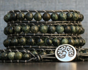 READY TO SHIP kambaba jasper wrap bracelet on pewter leather - green black and grey - mens boho western gypsy bohemian jewlery