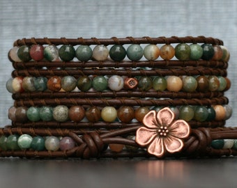 wrap bracelet- fancy jasper and copper on dark brown leather- boho gypsy bohemian western
