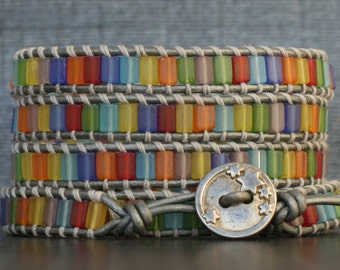 READY TO SHIP sea glass wrap bracelet- mixed frosted rainbow tile beads on silver leather- beach yoga - stained glass - boho gypsy bohemian