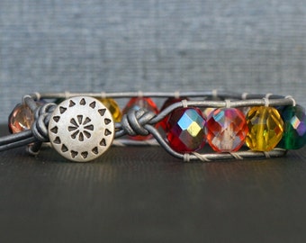 rainbow crystal bracelet - chakra bracelet - spectrum bracelet - beaded leather wrap bracelet - multicolor bangle