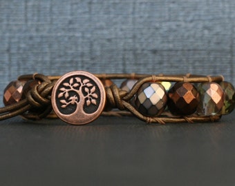 tree of life jewelry - single stacking crystal wrap bracelet - mixed brown crystal on bronze leather - boho bohemian glam - beaded