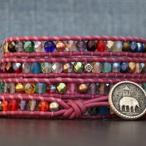 mixed crystal wrap bracelet with metal accents on bright pink leather yoga jewelry elephant jewelry inspired by India beaded rainbow image 3