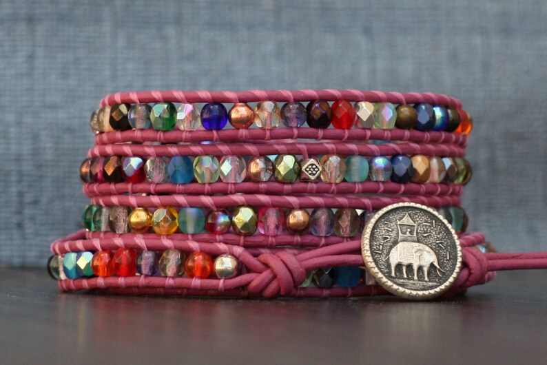 mixed crystal wrap bracelet with metal accents on bright pink leather yoga jewelry elephant jewelry inspired by India beaded rainbow image 3