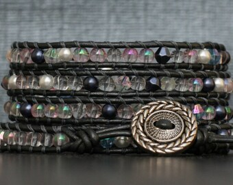 wickeln Sie Armband - Perlen und Kristall auf Zinn-Leder - Perlen Halsketten - weiß grau Perlen - klaren Perlen