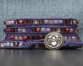 wrap bracelet - mixed purple pink and red seed beads on purple leather - beaded simple casual bohemian jewelry - heart bracelet