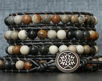 READY TO SHIP beaded leather wrap bracelet- grey picasso jasper on pewter leather - mens or womens - boho western gypsy bohemian jewelry
