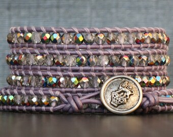 lavender leather wrap bracelet with iridescent crystal- light purple orchid - beach fashion
