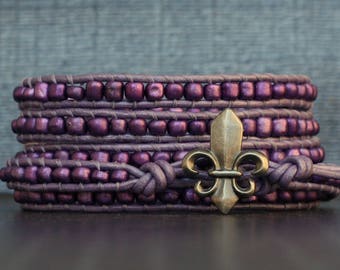 wrap bracelet - purple pearl metallic seed beads on lavender leather - beaded simple casual bohemian jewelry - fleur de lis bracelet