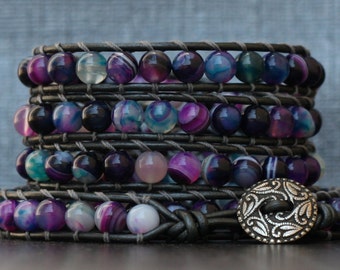 gemstone wrap bracelet - midnight garden banded agate on pewter leather - purple blue green pink - bohemian jewelry