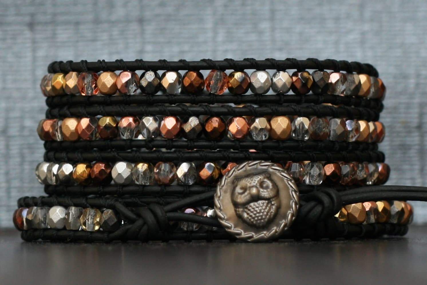 owl bracelet - mixed metallic czech crystal on black leather wrap bracelet - copper, bronze, silver,