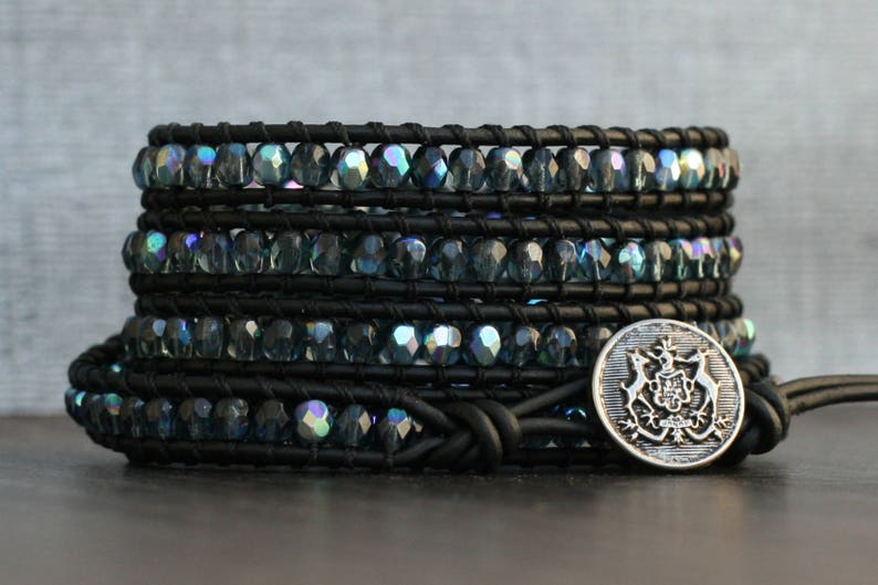bohemian jewelry wrap bracelet montana blue aurora borealis faceted crystal on black leather steel blue rainbow peacock boho glam gypsy image 3