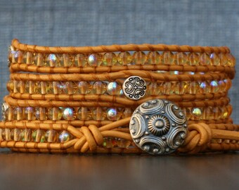 wrap bracelet- yellow czech glass and silver filigree spacer beads on gold leather - mustard ochre - boho gypsy bohemian