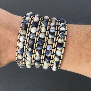 wrap bracelet sodalite on pearl white leather blue, white and silver sailor bracelet mens bracelet image 6