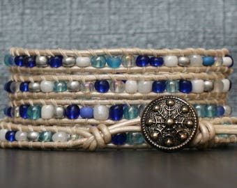 winter bracelet - snowflake bracelet - blue white clear and silver seed beads on pearl white leather wrap - christmas bracelet