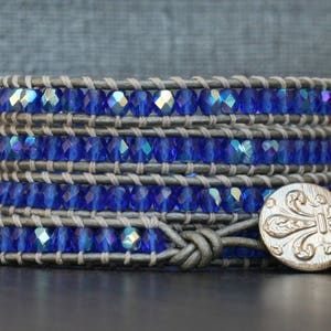 crystal wrap bracelet sapphire blue aurora borealis on silver leather cobalt beaded leather 5 wrap boho gypsy bohemian image 3