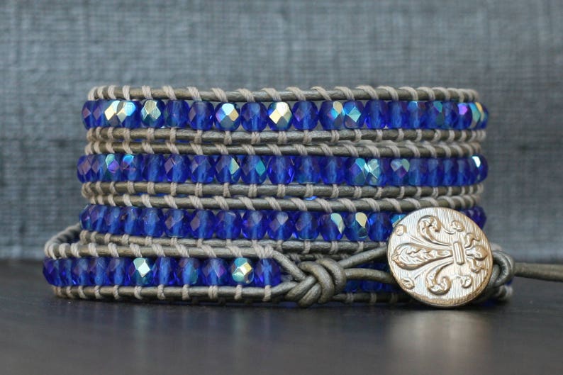 crystal wrap bracelet sapphire blue aurora borealis on silver leather cobalt beaded leather 5 wrap boho gypsy bohemian image 3