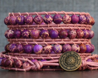 READY TO SHIP bracelet berry purple pink beaded leather wrap - sediment jasper