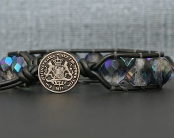 single wrap bracelet - half grey aurora borealis crystal on pewter leather - gunmetal grey gray silver