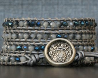 READY TO SHIP wrap bracelet - opal crystal on silver leather - grey gray white iridescent silver - bohemian glam