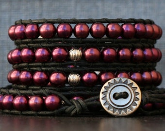 pearl wrap bracelet- pink purple glass pearls with silver accents on black leather- beaded leather 5 wrap bracelet