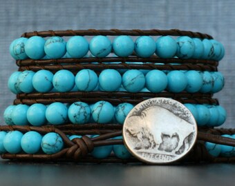 turquoise wrap bracelet- howlite on dark brown leather- beaded leather - bohemian boho gypsy western