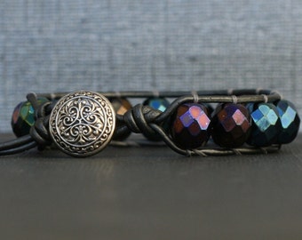 leather and crystal wrap bracelet - peacock on pewter