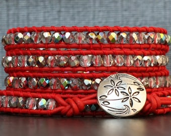 red leather bracelet - clear iridescent crystal and red leather wrap bracelet - bohemian jewelry - silver flower button