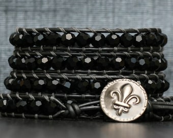 bohemian jewelry - crystal wrap bracelet- jet black crystals on pewter leather- beaded leather - fleur de lis button