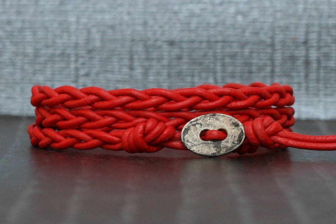 Red Leather Wrap Bracelet Braided With Distressed Silver Button