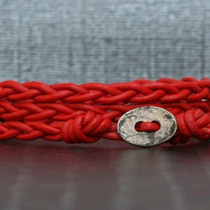 red leather wrap bracelet - braided with distressed silver button - bohemian jewelry - casual jewelry - simple jewelry