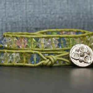 wrap bracelet light spring green leather pastel bicone crystal beads triple wrap 3x image 3