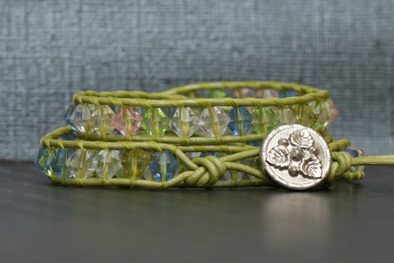 wrap bracelet light spring green leather pastel bicone crystal beads triple wrap 3x image 3