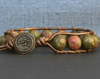unakite bracelet - single wrap on bronze leather - bronze button - pink green beaded