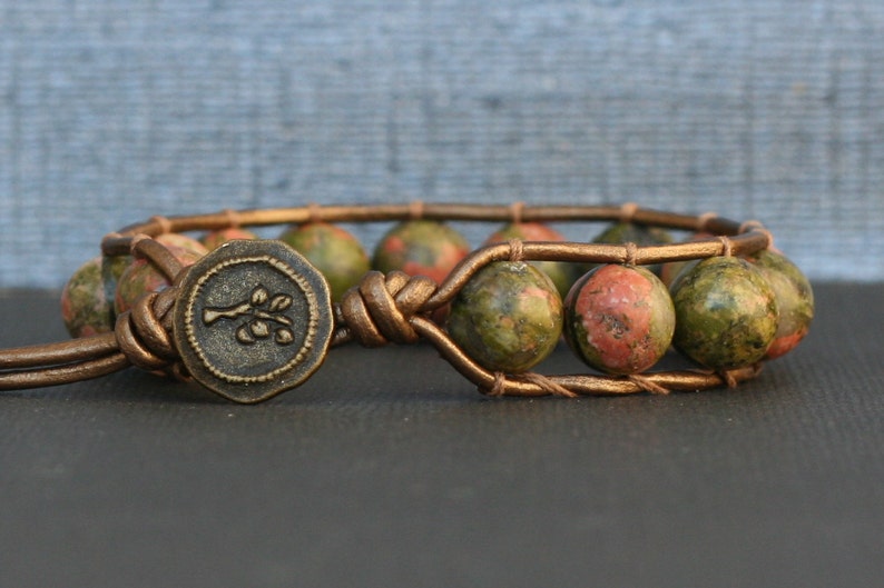 unakite bracelet single wrap on bronze leather bronze button pink green beaded image 1