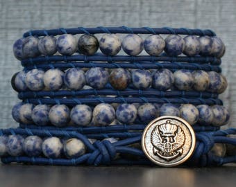 bohemian jewelry - blue spot jasper on royal blue leather wrap bracelet - boho gypsy - cobalt blue white